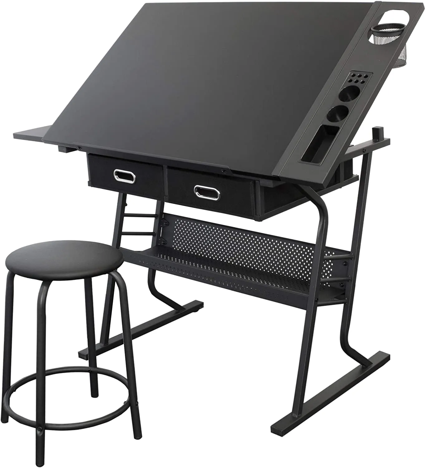 Tiree Drafting Table - Art & Crafts Desk with Storage, Stool & Clips