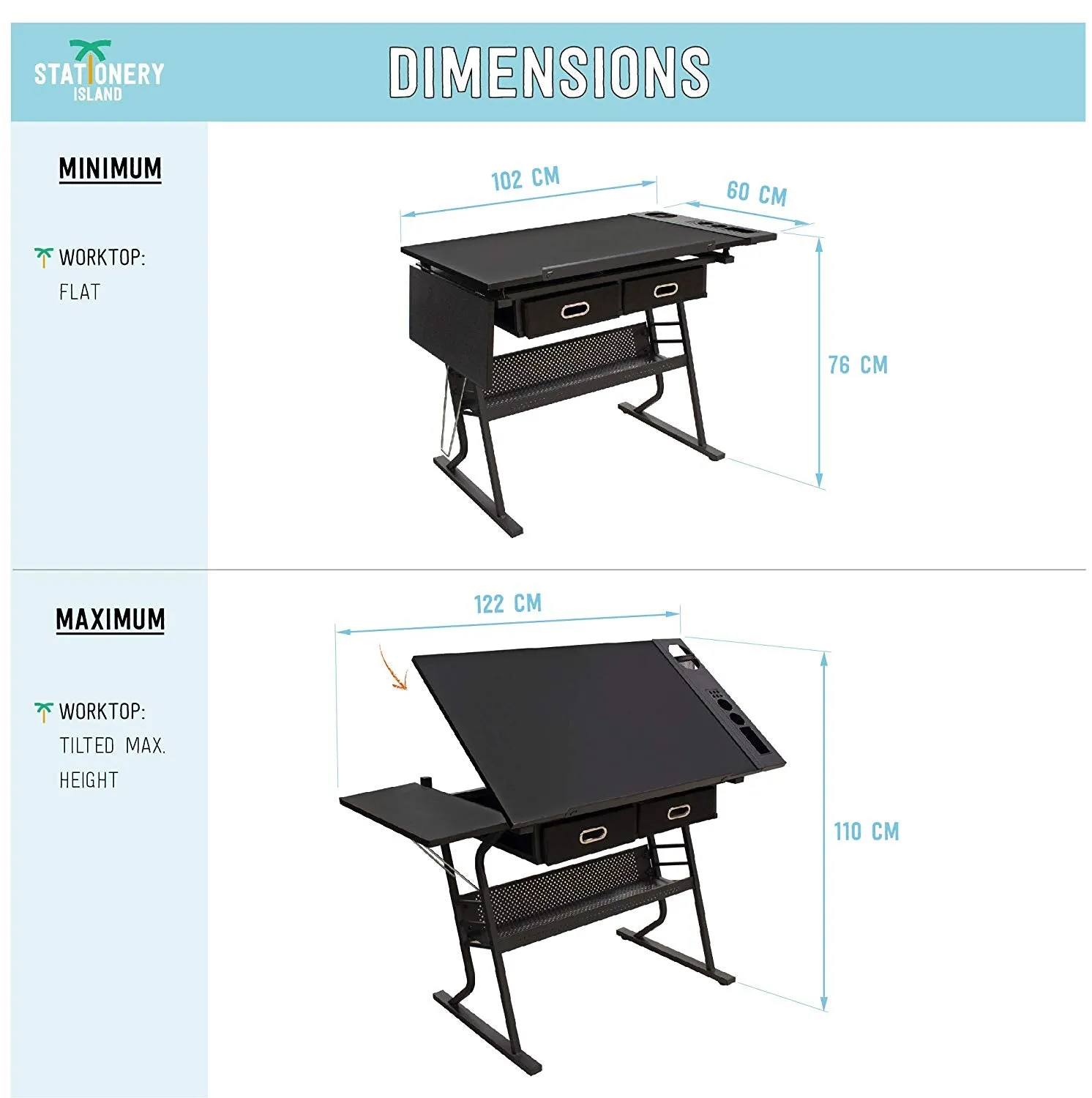 Tiree Drafting Table - Art & Crafts Desk with Storage, Stool & Clips