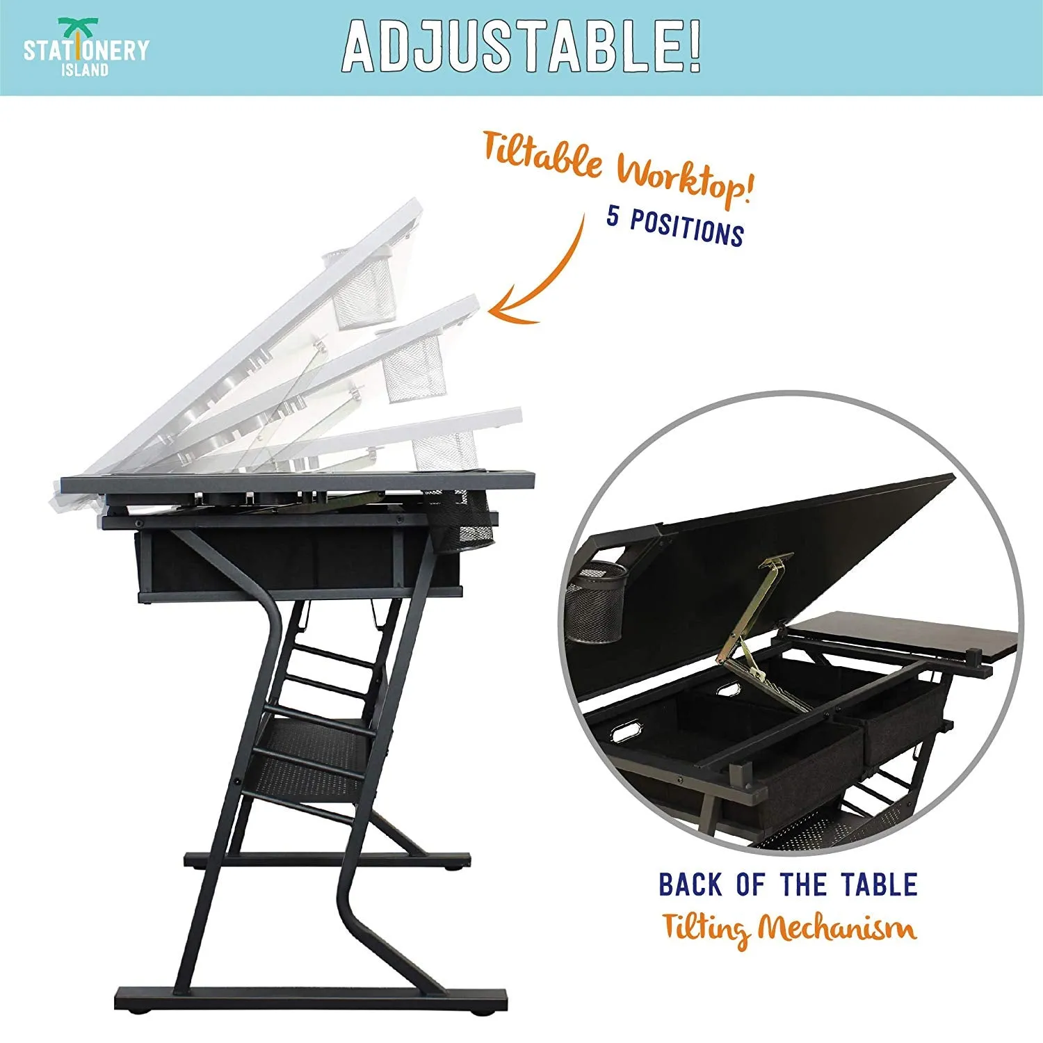 Tiree Drafting Table - Art & Crafts Desk with Storage, Stool & Clips