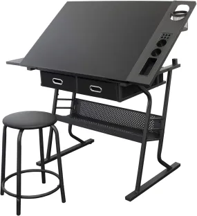 Tiree Drafting Table - Art & Crafts Desk with Storage, Stool & Clips