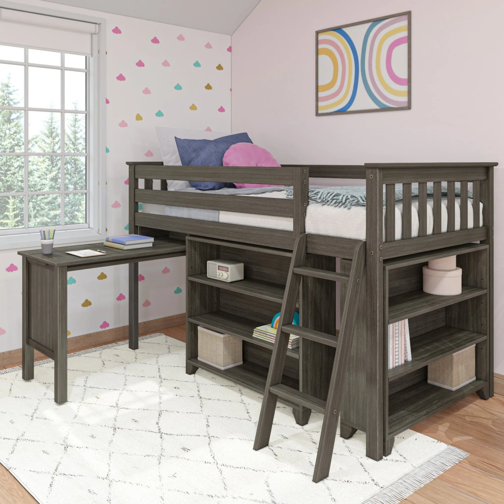 Twin Low Loft Bed With Desk & Bookcases