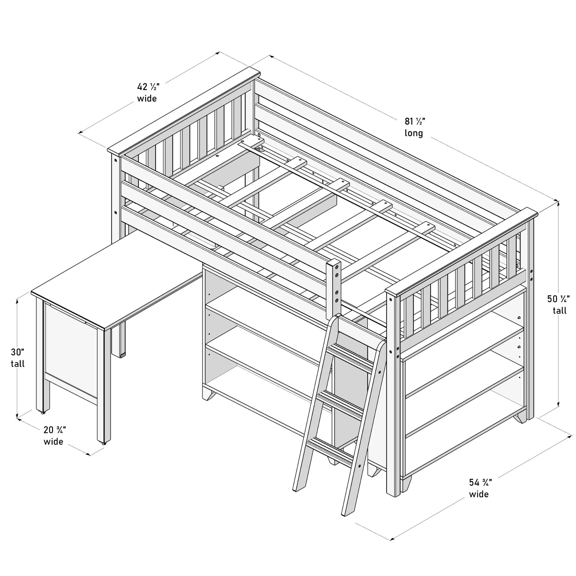 Twin Low Loft Bed With Desk & Bookcases