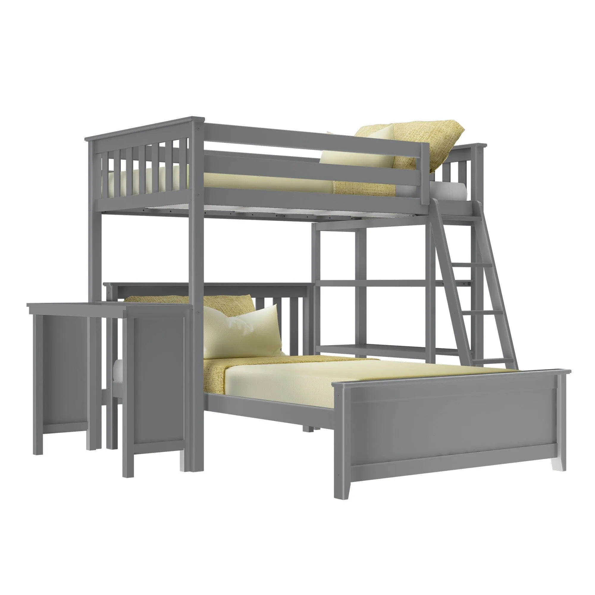Twin Over Full L-Shaped Bunk Bed With Bookcase & Desk