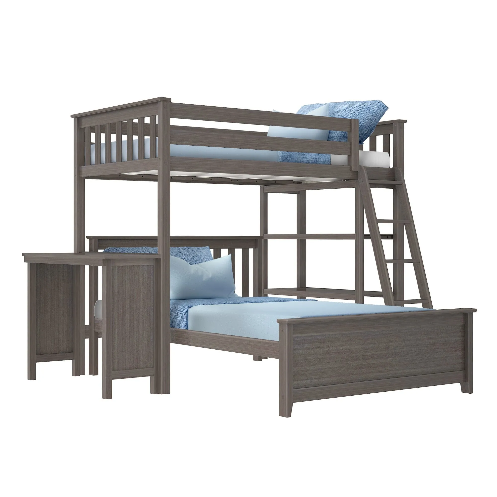 Twin Over Full L-Shaped Bunk Bed With Bookcase & Desk