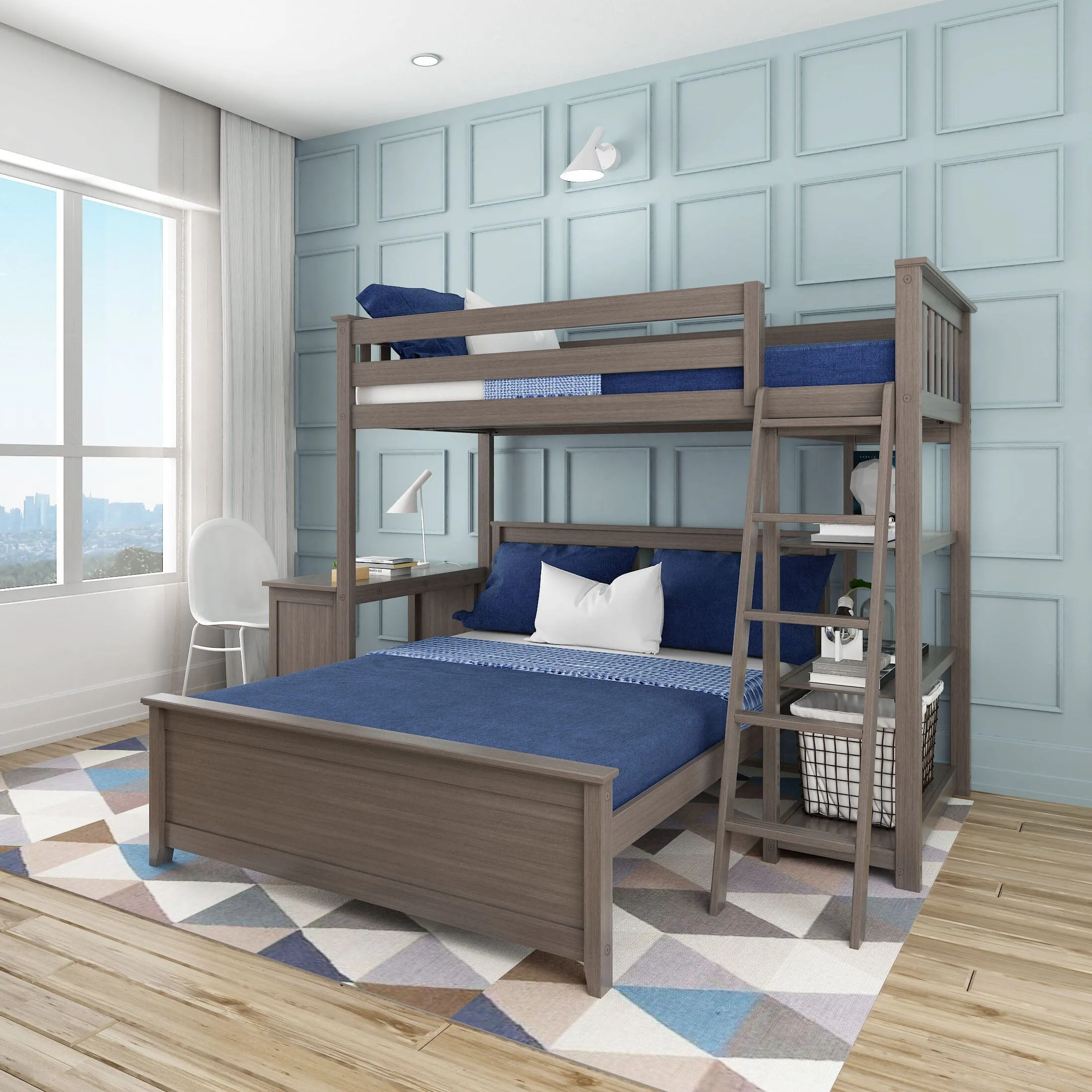Twin Over Full L-Shaped Bunk Bed With Bookcase & Desk