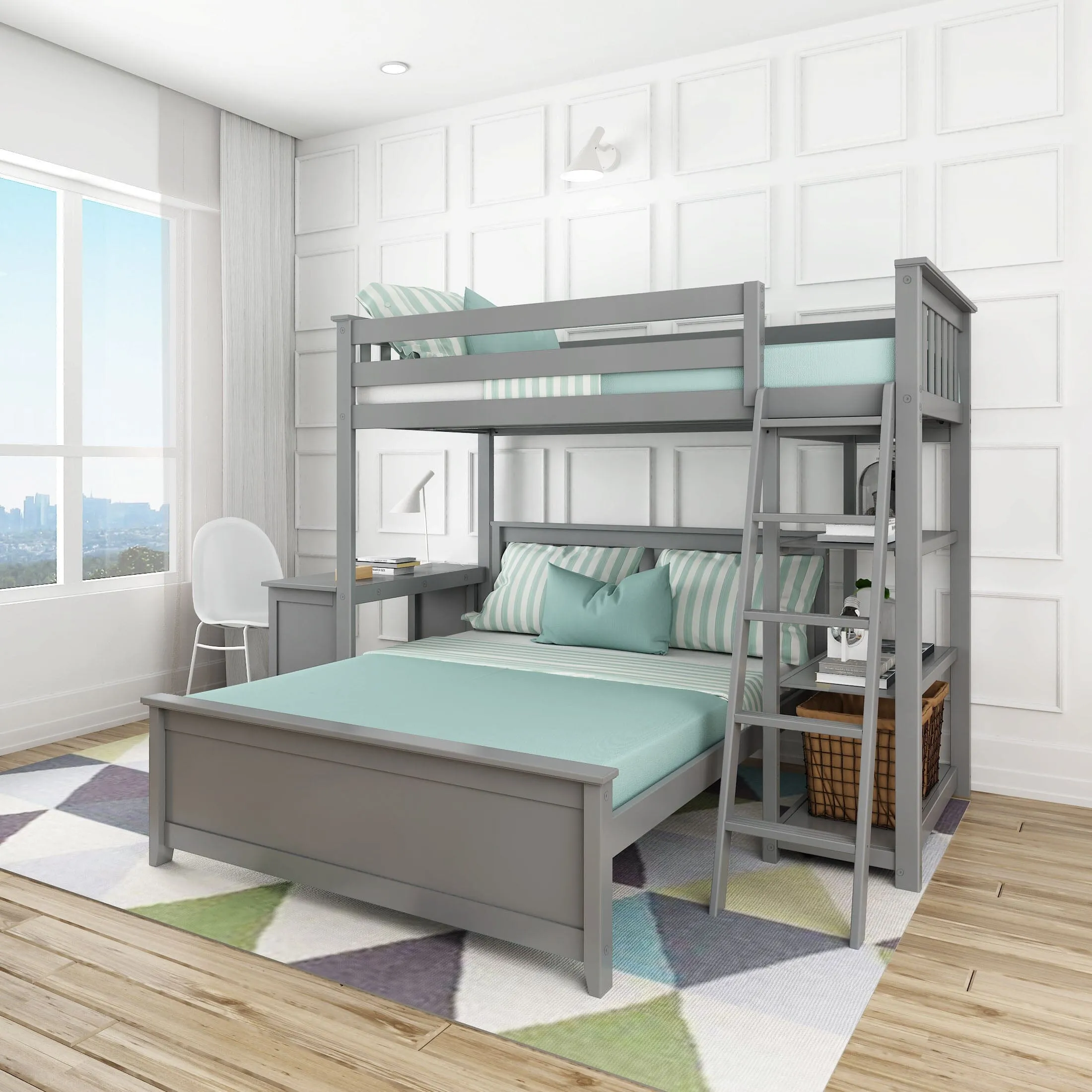 Twin Over Full L-Shaped Bunk Bed With Bookcase & Desk