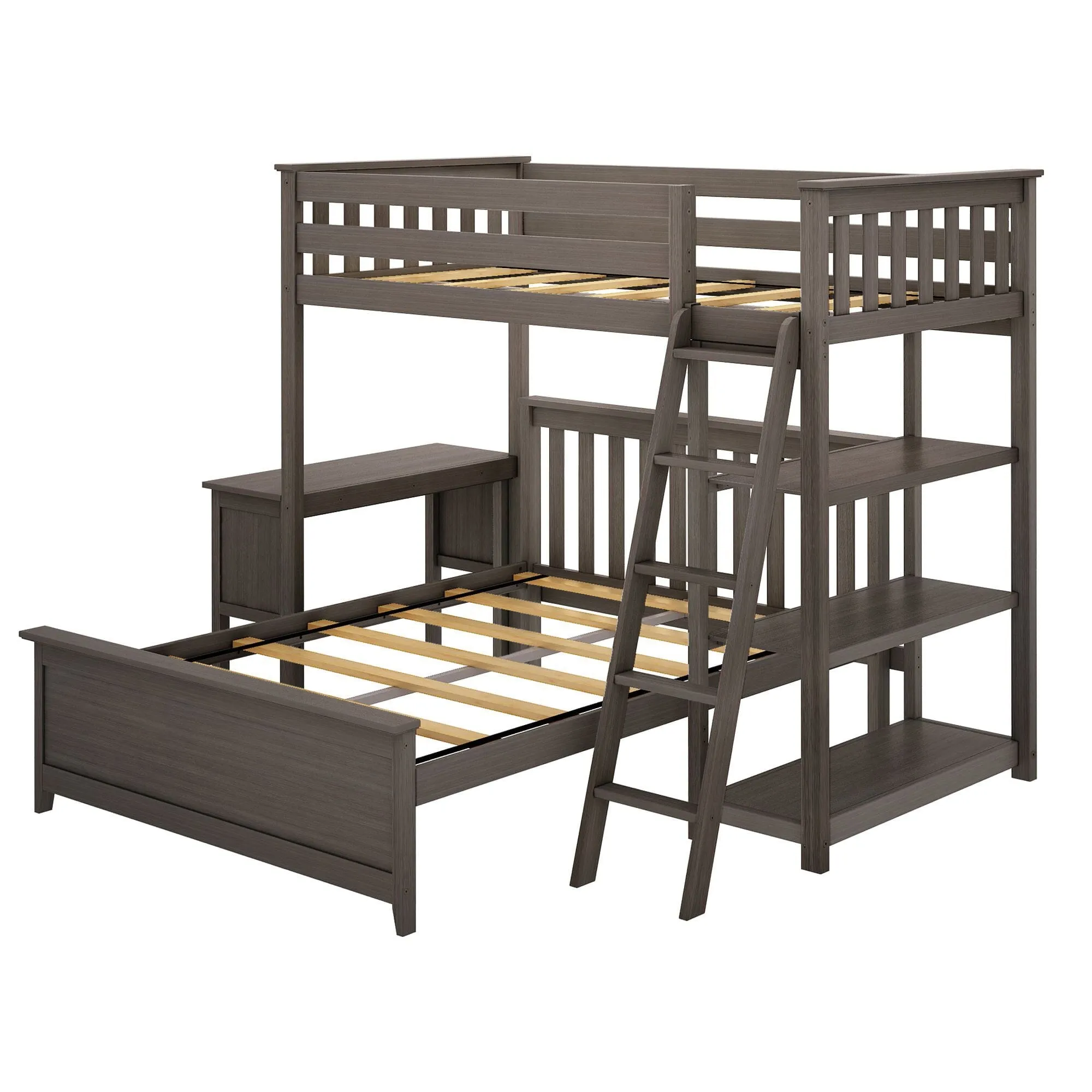 Twin Over Full L-Shaped Bunk Bed With Bookcase & Desk
