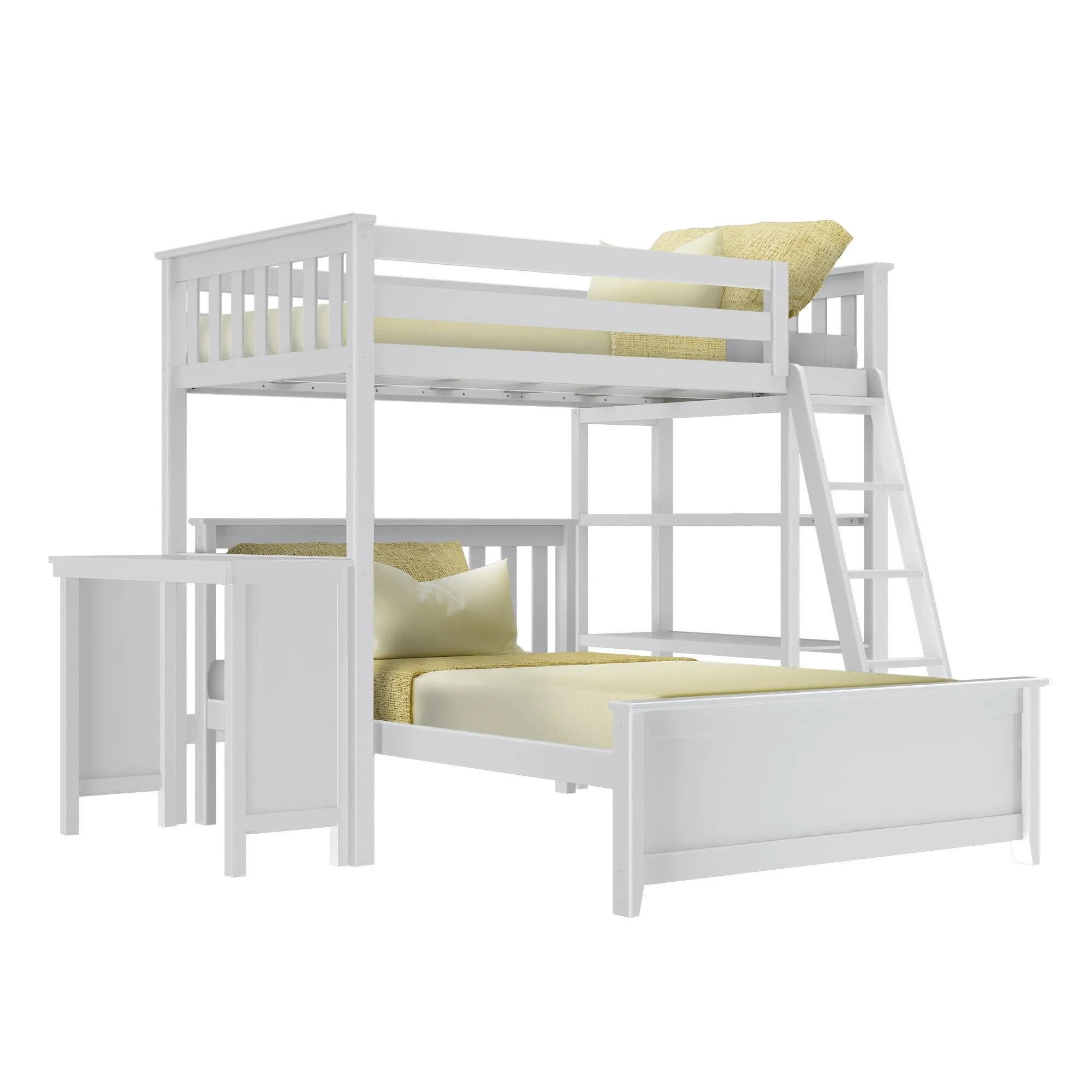 Twin Over Full L-Shaped Bunk Bed With Bookcase & Desk