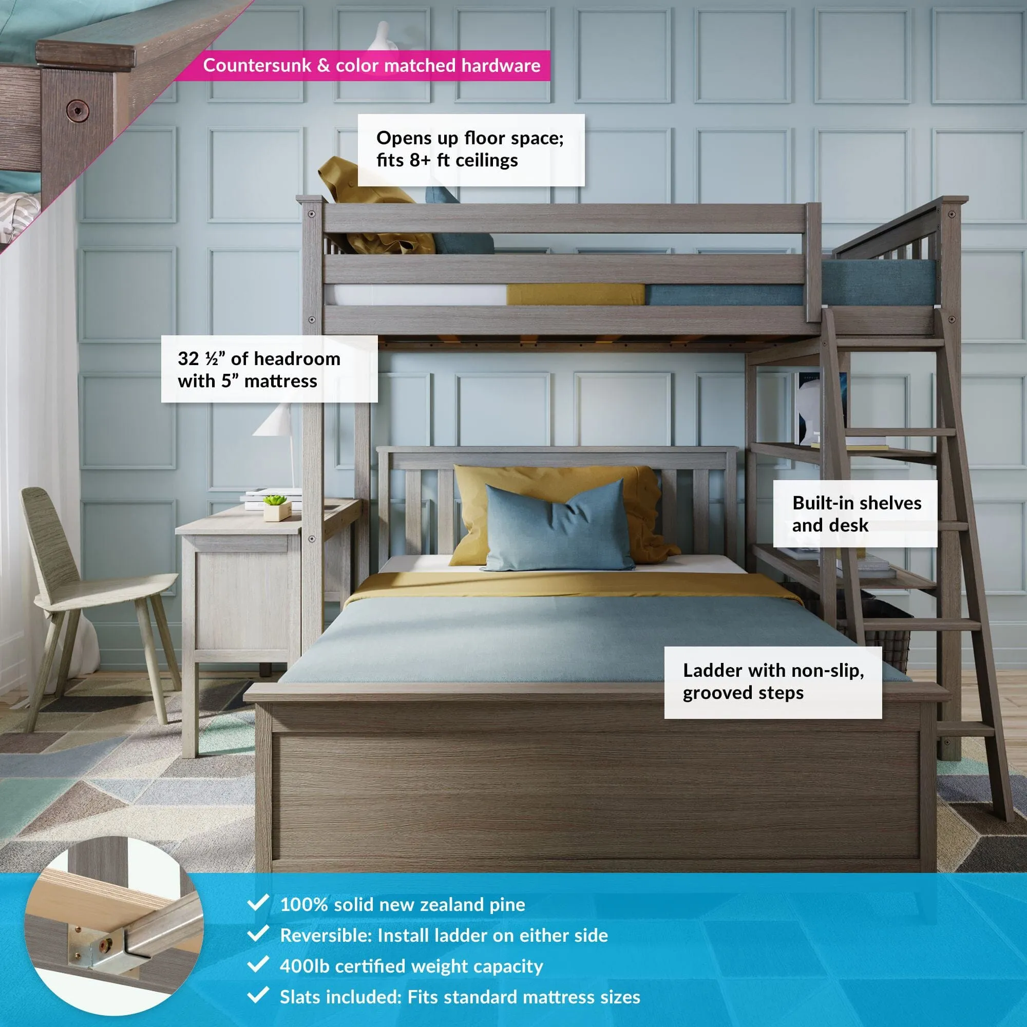 Twin Over Full L-Shaped Bunk Bed With Bookcase & Desk