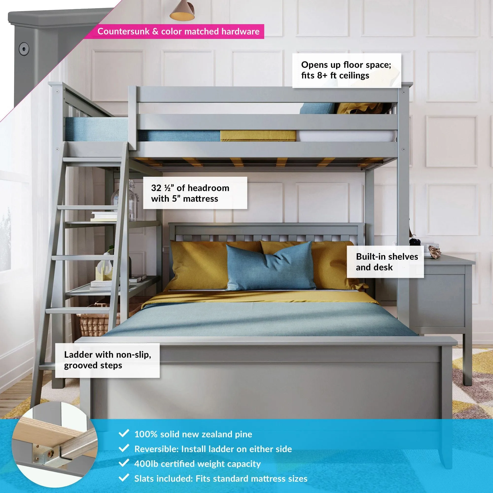 Twin Over Full L-Shaped Bunk Bed With Bookcase & Desk