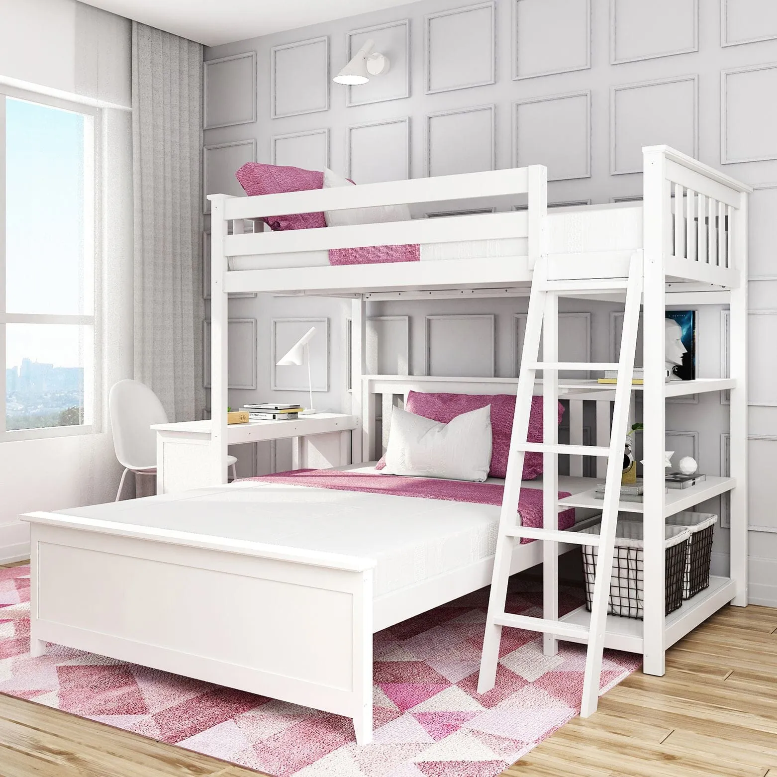 Twin Over Full L-Shaped Bunk Bed With Bookcase & Desk