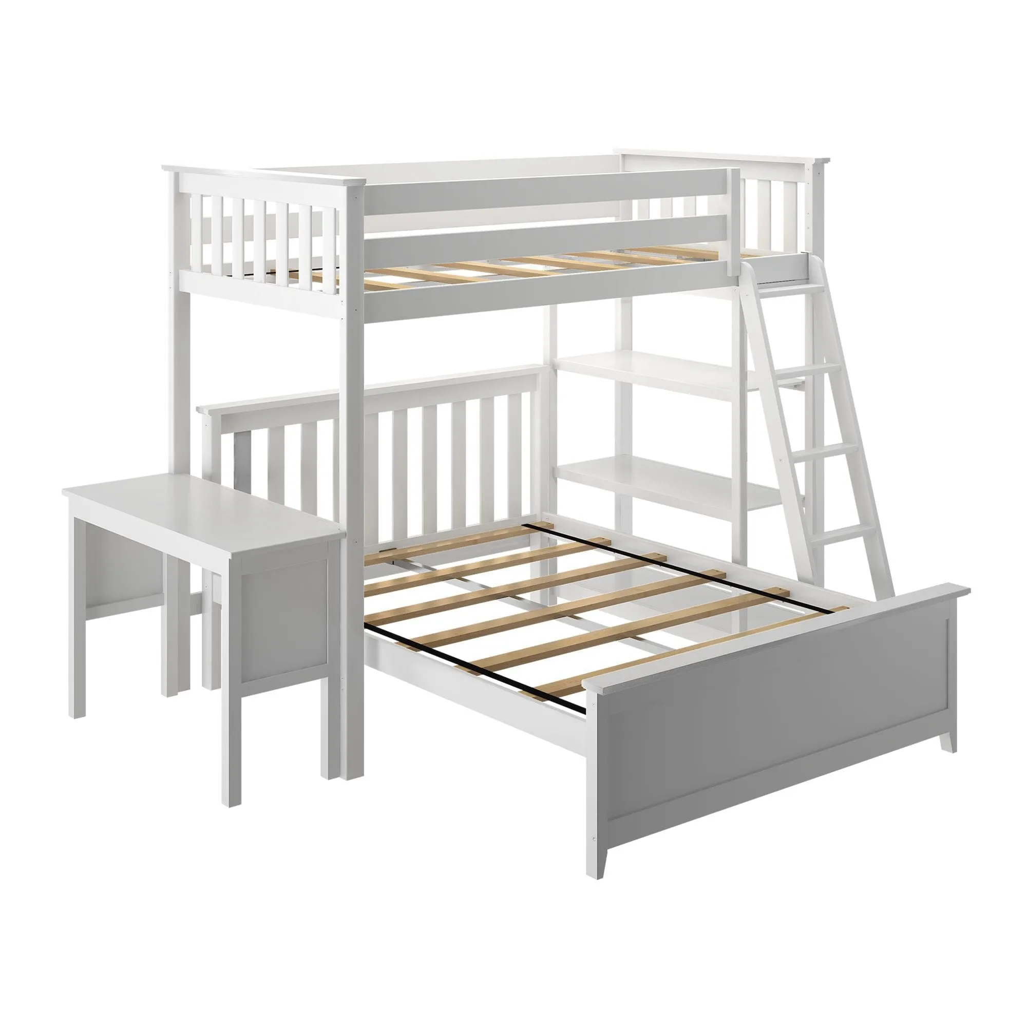 Twin Over Full L-Shaped Bunk Bed With Bookcase & Desk