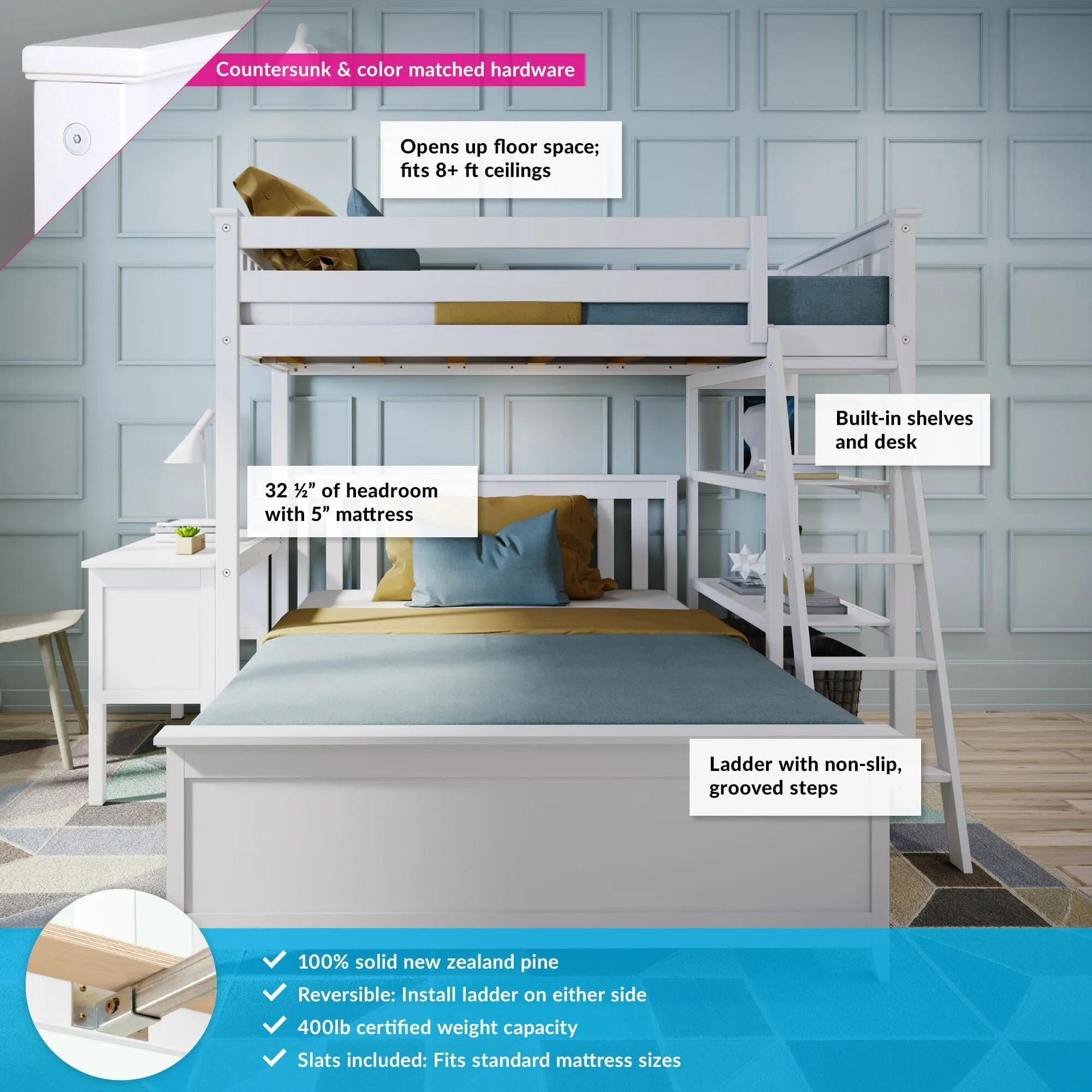 Twin Over Full L-Shaped Bunk Bed With Bookcase & Desk
