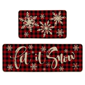 versatile Smile Buffalo Plaid Snow Christmas Kitchen Rugs Set of 2, Let It Snow Xmas Winter Holiday Party Low-Profile Floor Mat Decorations for Home Kitchen - 17x29 and 17x47 Inch 17'x29', 17'x47' 17'x29', 17'x47'