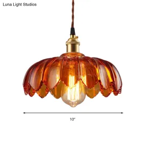 Vintage Amber Glass Scalloped Pendant Light for Corridors - Single Bulb, Available in 3 Widths