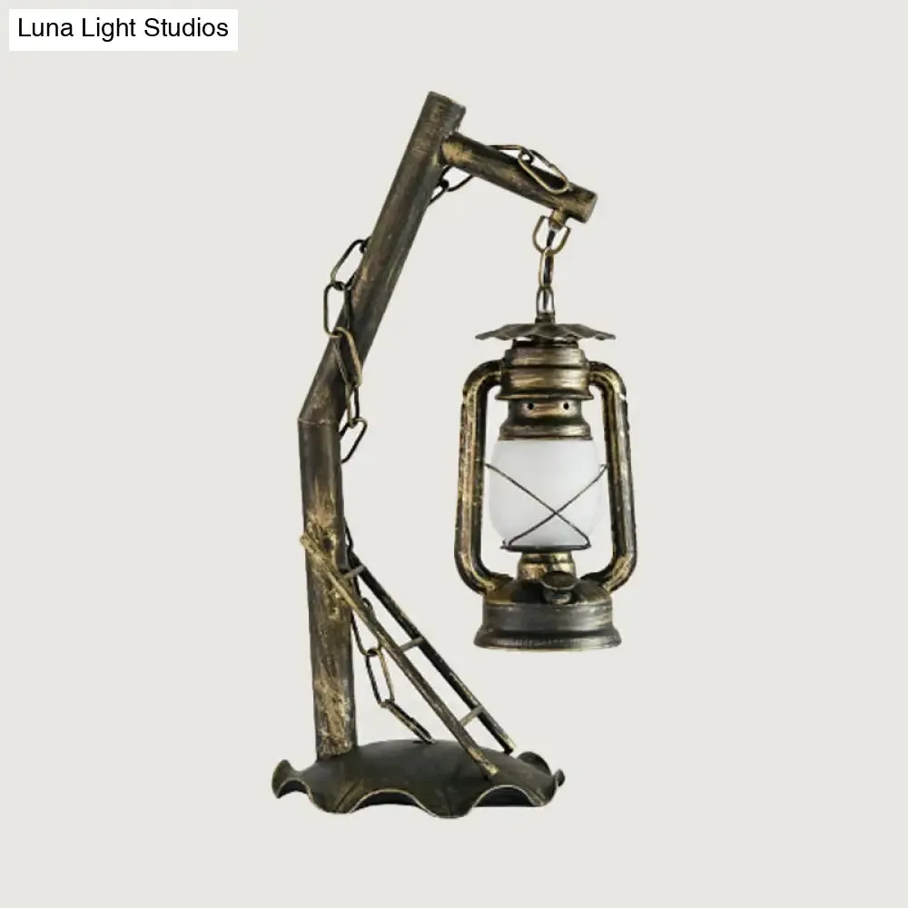 Vintage Opal Glass Lantern Table Lamp with Brass Angled Arm – Bedroom Desk Light