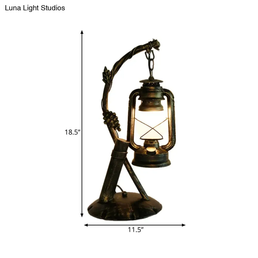 Vintage Opal Glass Lantern Table Lamp with Brass Angled Arm – Bedroom Desk Light