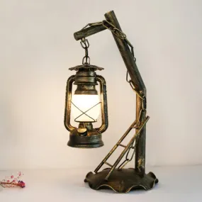 Vintage Opal Glass Lantern Table Lamp with Brass Angled Arm – Bedroom Desk Light