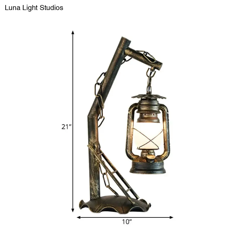 Vintage Opal Glass Lantern Table Lamp with Brass Angled Arm – Bedroom Desk Light