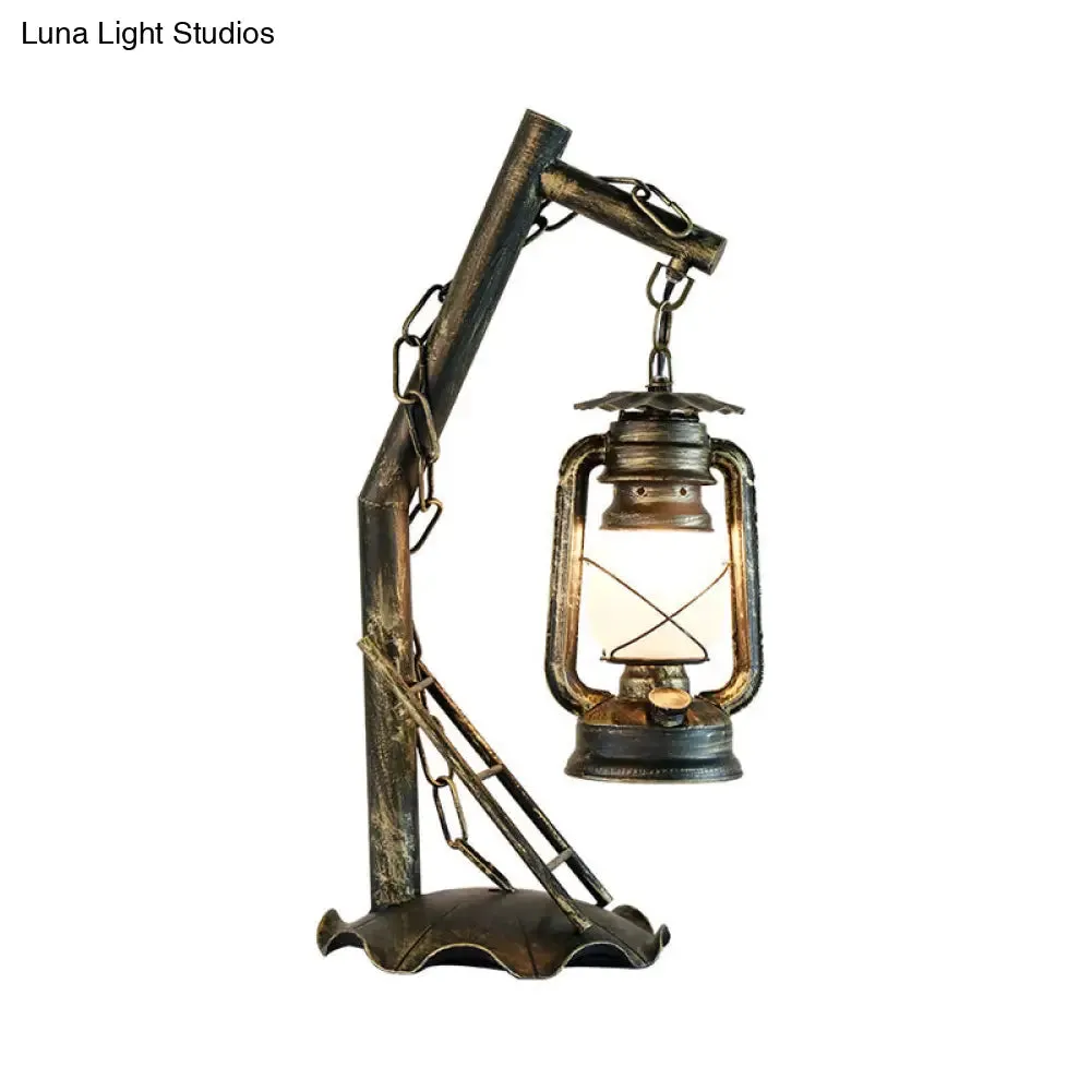 Vintage Opal Glass Lantern Table Lamp with Brass Angled Arm – Bedroom Desk Light