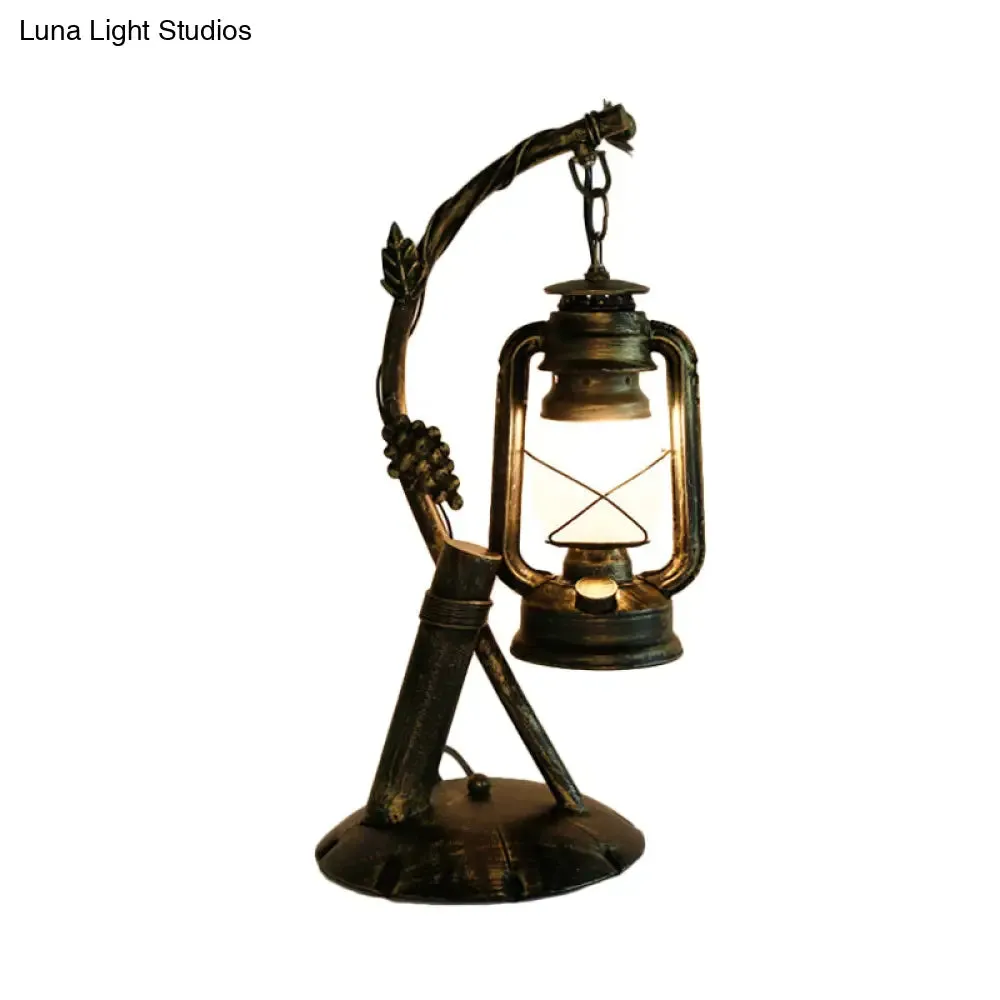 Vintage Opal Glass Lantern Table Lamp with Brass Angled Arm – Bedroom Desk Light