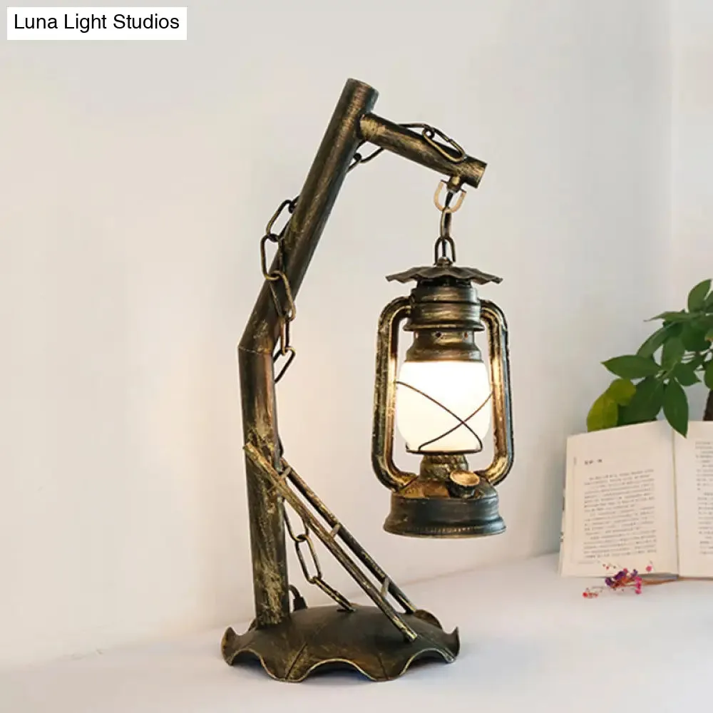 Vintage Opal Glass Lantern Table Lamp with Brass Angled Arm – Bedroom Desk Light