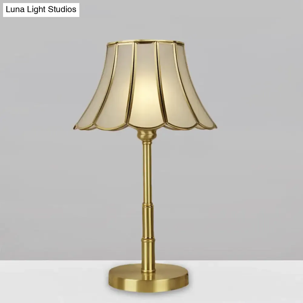 Vintage White Glass Scalloped Bedside Desk Lamp with Brass Finish - 1-Bulb Reading Book Light