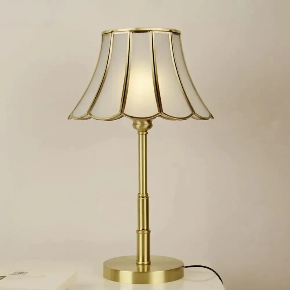 Vintage White Glass Scalloped Bedside Desk Lamp with Brass Finish - 1-Bulb Reading Book Light