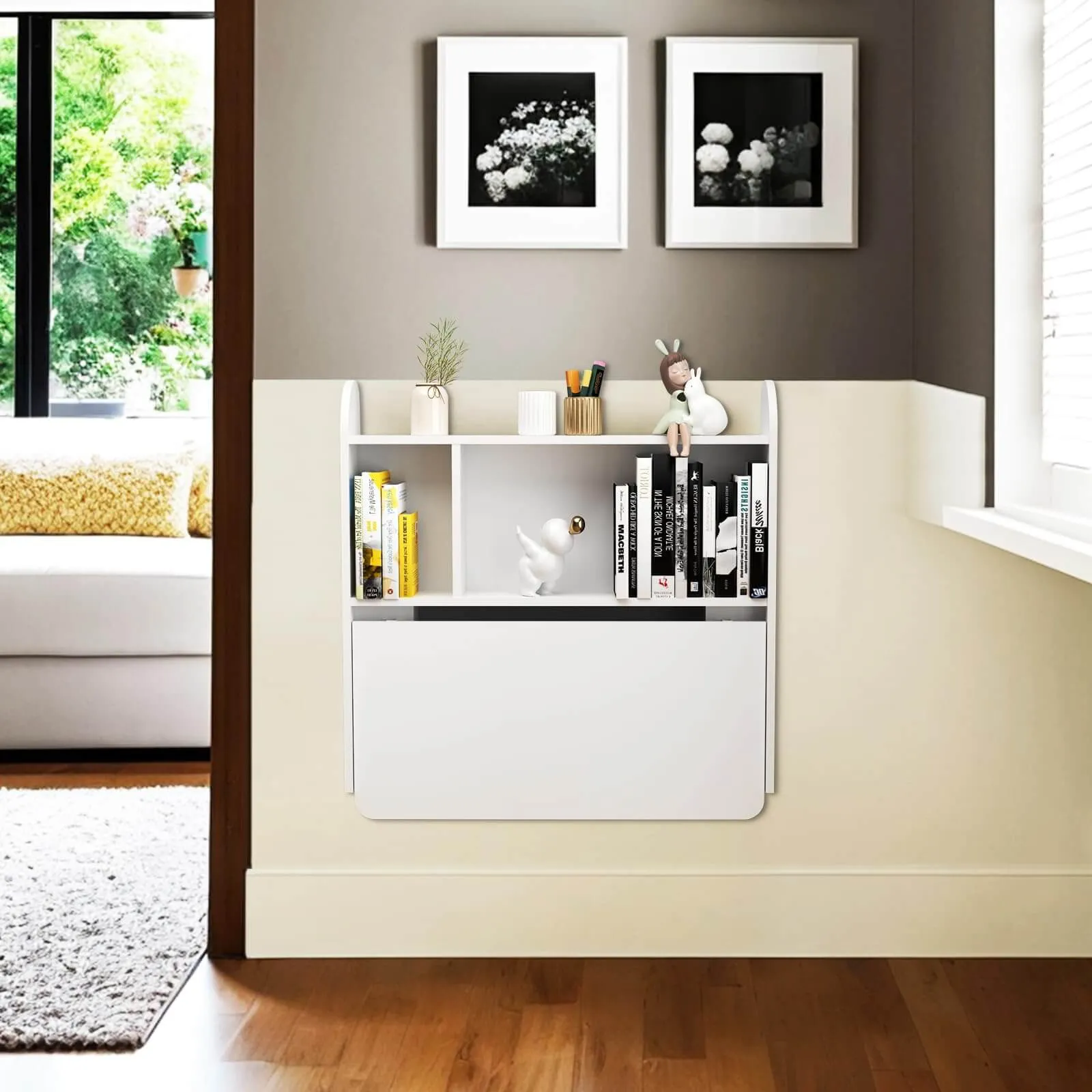White Wall Mounted Fold Down Desk for Small Space with Storage Shelf