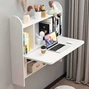 White Wall Mounted Fold Down Desk for Small Space with Storage Shelf