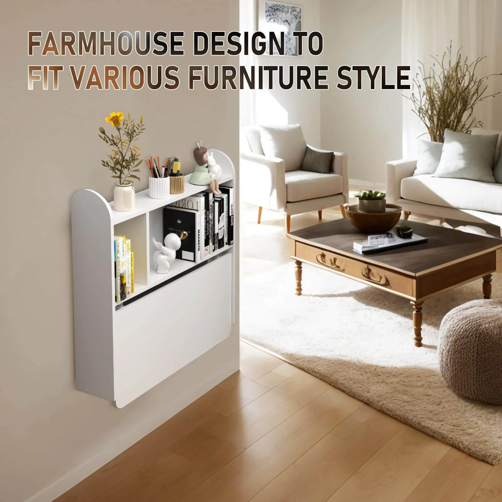 White Wall Mounted Fold Down Desk for Small Space with Storage Shelf