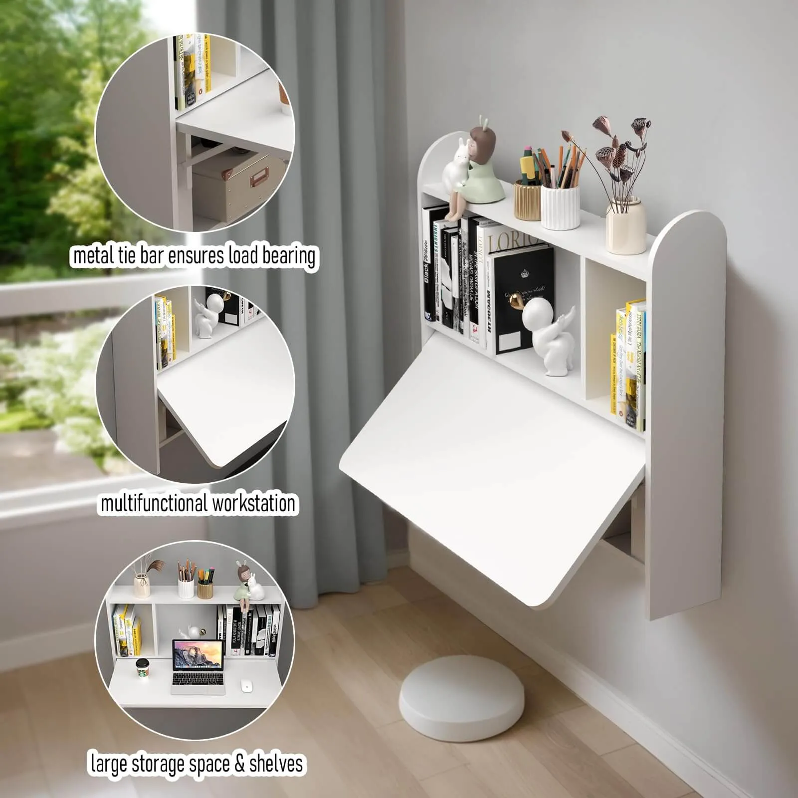 White Wall Mounted Fold Down Desk for Small Space with Storage Shelf