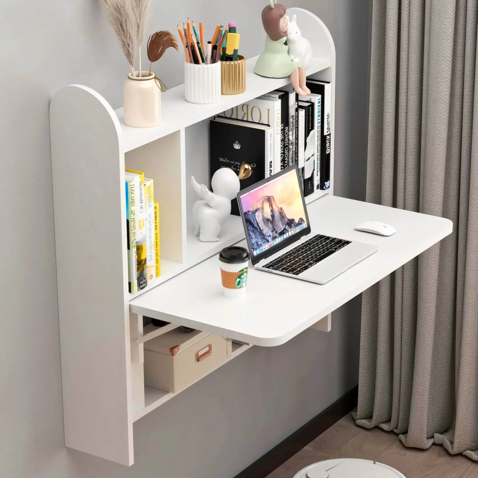 White Wall Mounted Fold Down Desk for Small Space with Storage Shelf