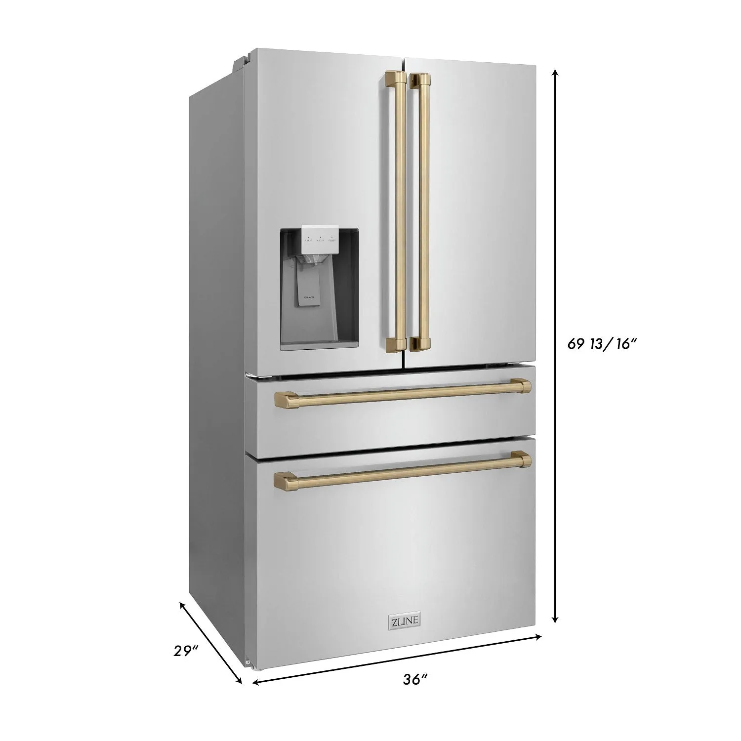 ZLINE 36" Autograph Edition 21.6 cu. ft French Door Refrigerator with Water and Ice Dispenser in Stainless Steel with Champagne Bronze Accents