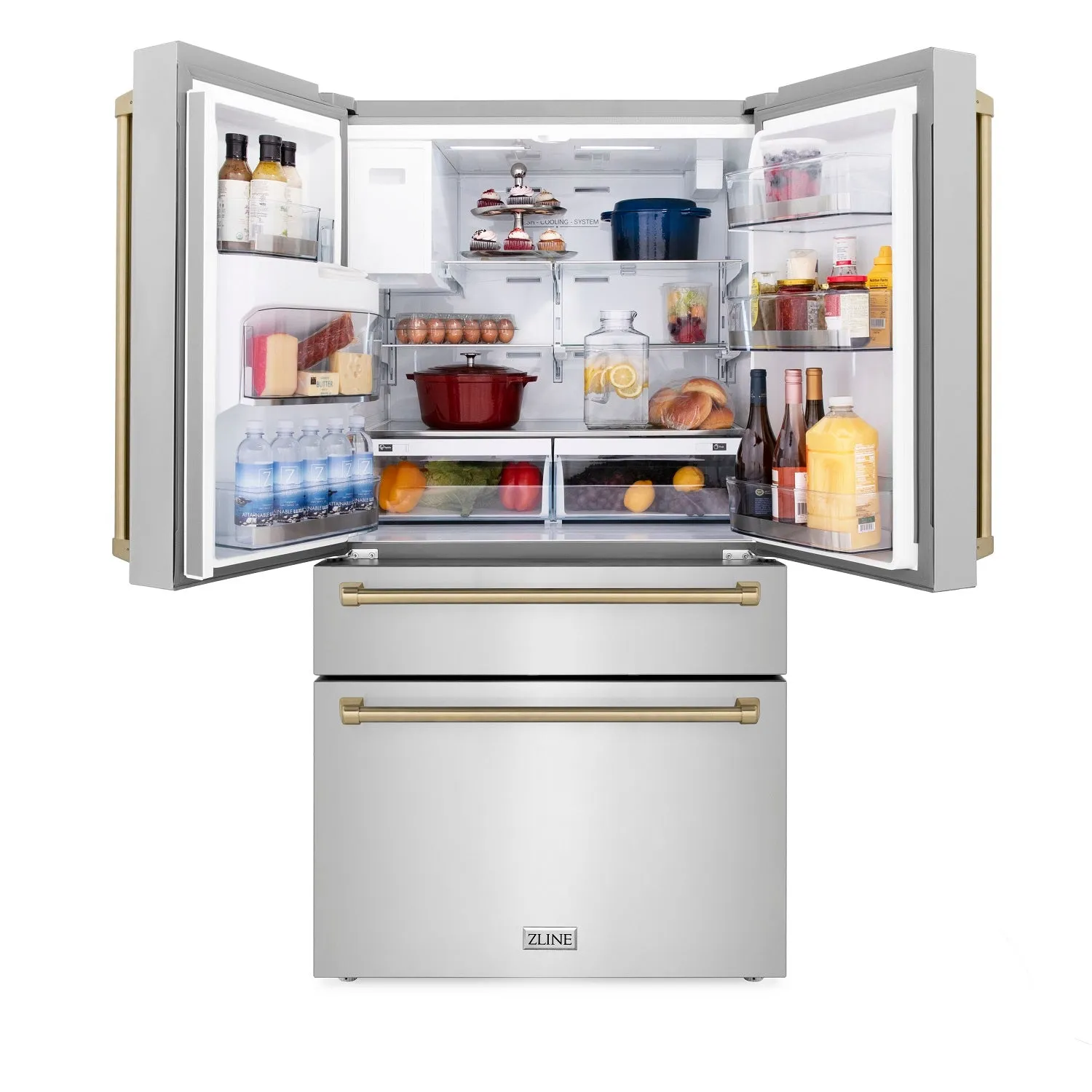 ZLINE 36" Autograph Edition 21.6 cu. ft French Door Refrigerator with Water and Ice Dispenser in Stainless Steel with Champagne Bronze Accents